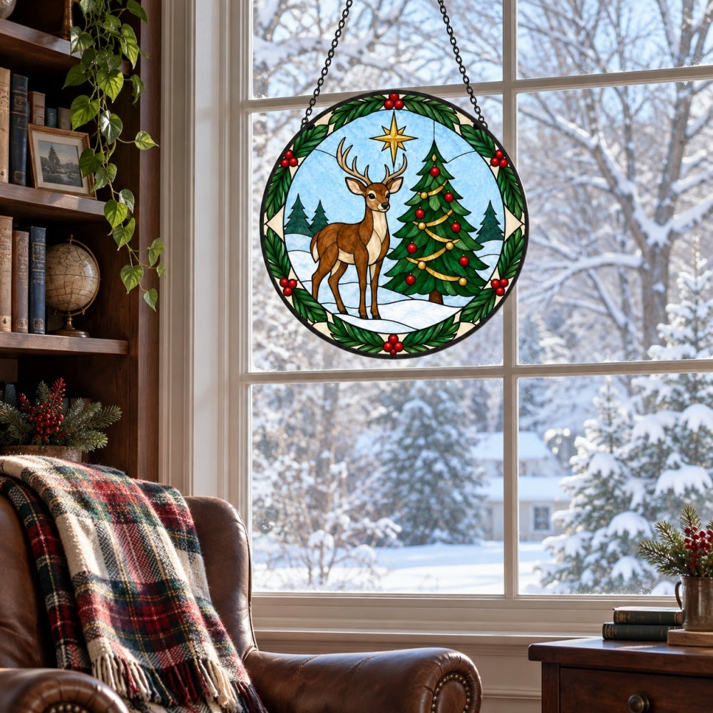 Deer and christmas tree stained glass suncatcher window hanging, suitable for home and garden decoration