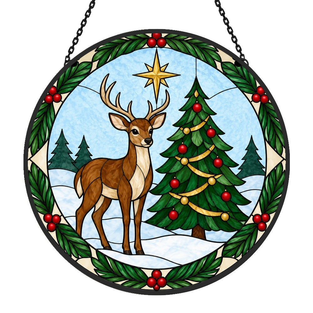 Deer and christmas tree stained glass suncatcher window hanging, suitable for home and garden decoration