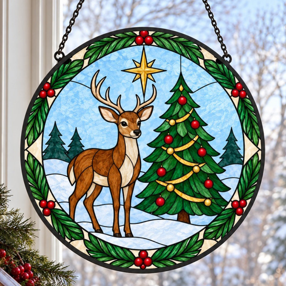 Deer and christmas tree stained glass suncatcher window hanging, suitable for home and garden decoration