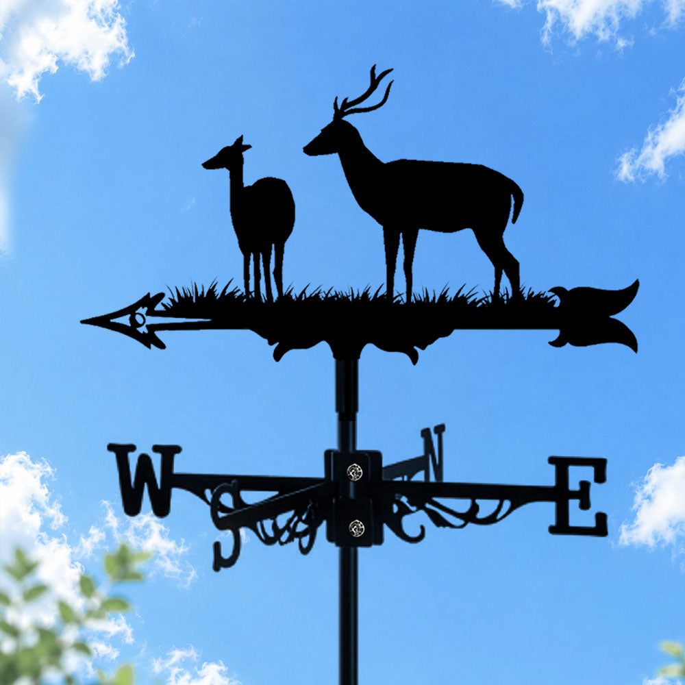 Deer pair metal weather vane with directional arrows and mounting rod, outdoor roof and garden decoration