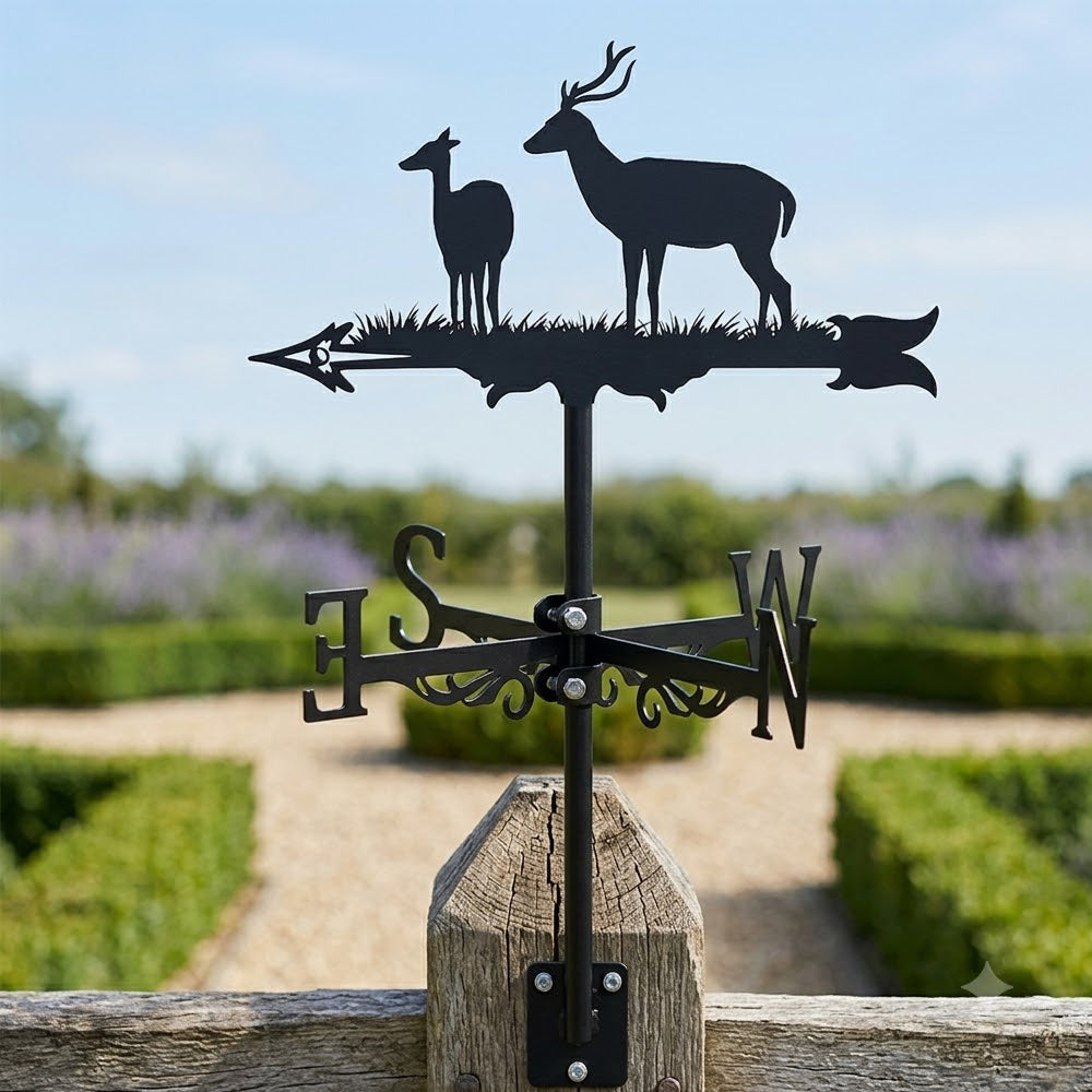 Deer pair metal weather vane with directional arrows and mounting rod, outdoor roof and garden decoration