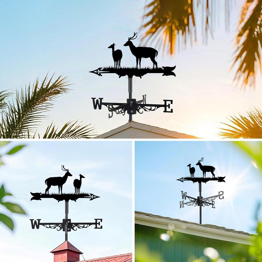 Deer pair metal weather vane with directional arrows and mounting rod, outdoor roof and garden decoration