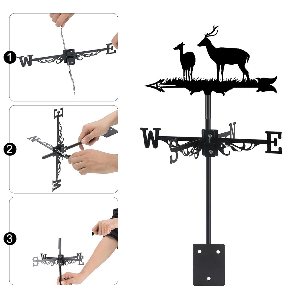 Deer pair metal weather vane with directional arrows and mounting rod, outdoor roof and garden decoration