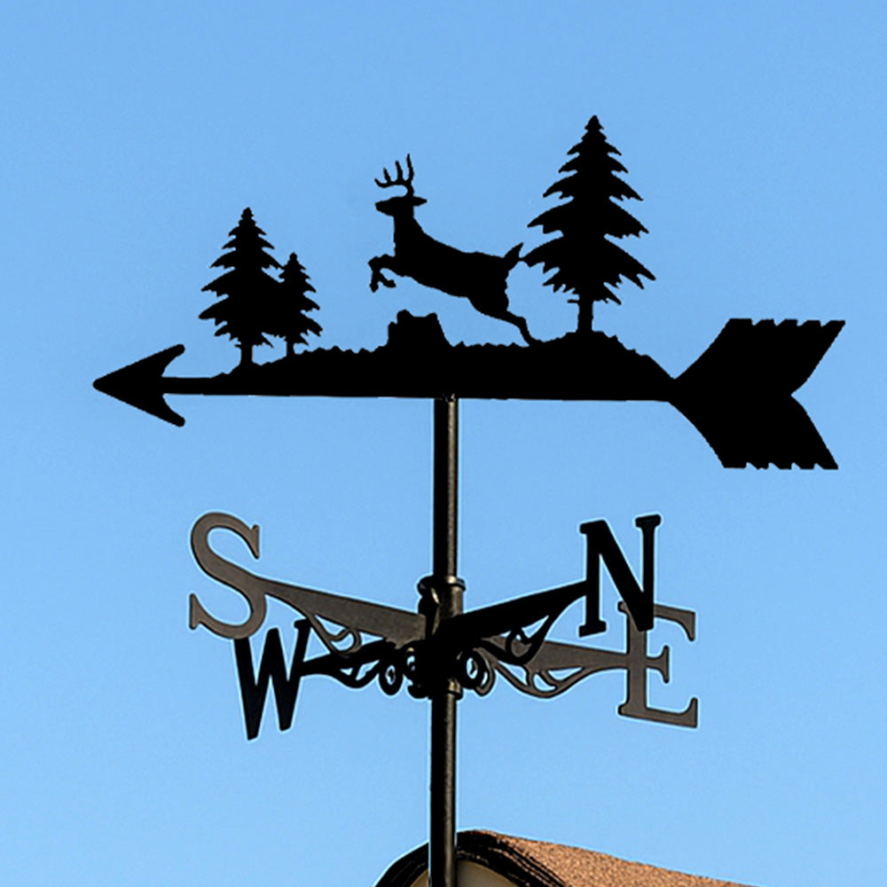 Deer metal weather vane with directional arrows and mounting rod, outdoor roof and garden decoration