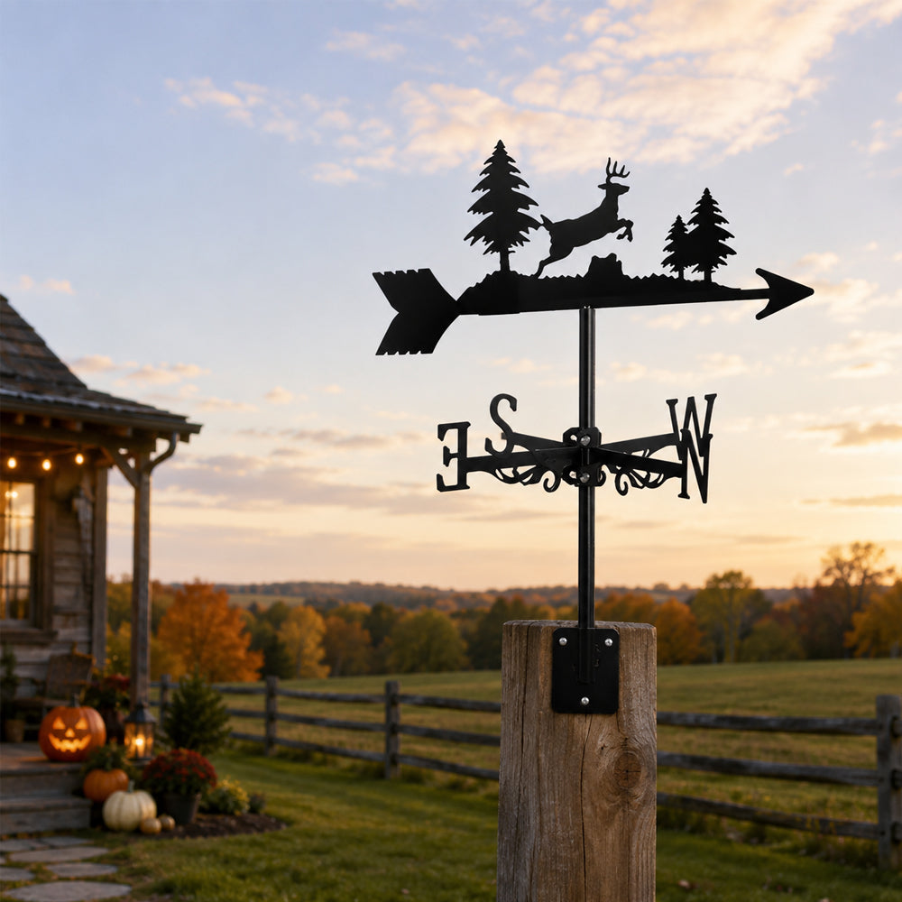 Deer metal weather vane with directional arrows and mounting rod, outdoor roof and garden decoration