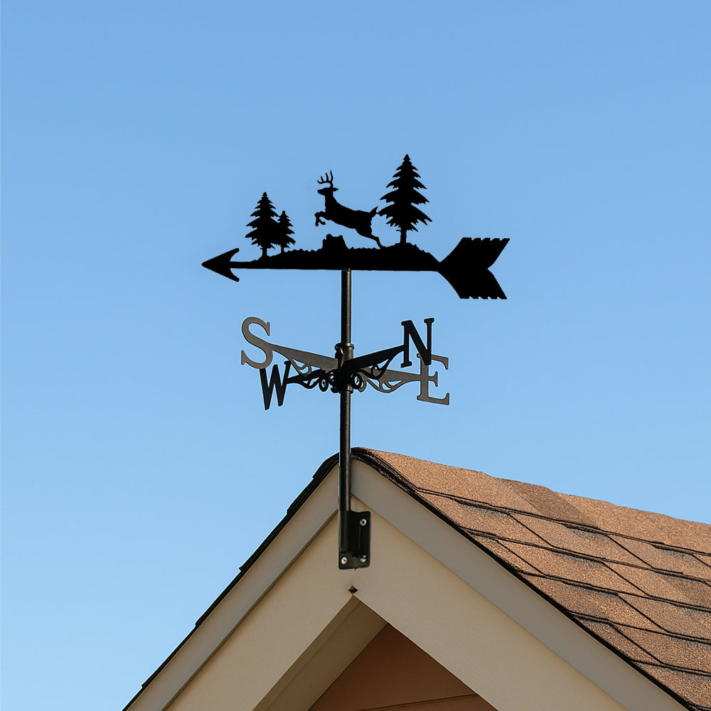 Deer metal weather vane with directional arrows and mounting rod, outdoor roof and garden decoration