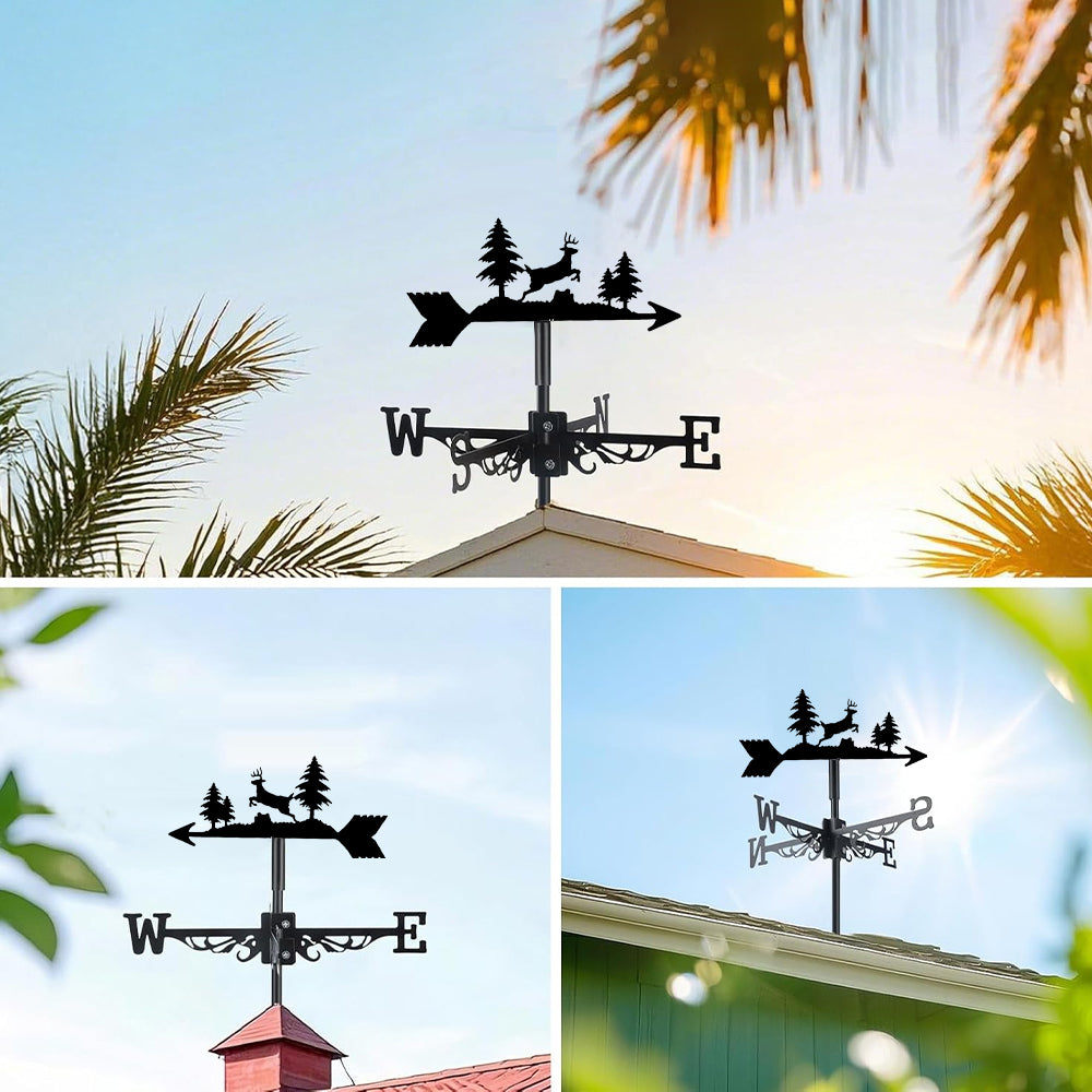 Deer metal weather vane with directional arrows and mounting rod, outdoor roof and garden decoration