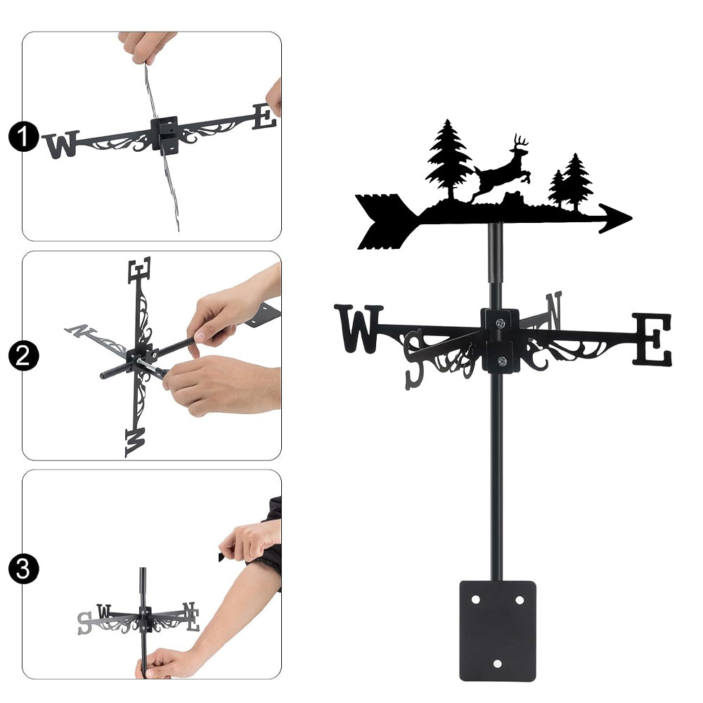 Deer metal weather vane with directional arrows and mounting rod, outdoor roof and garden decoration