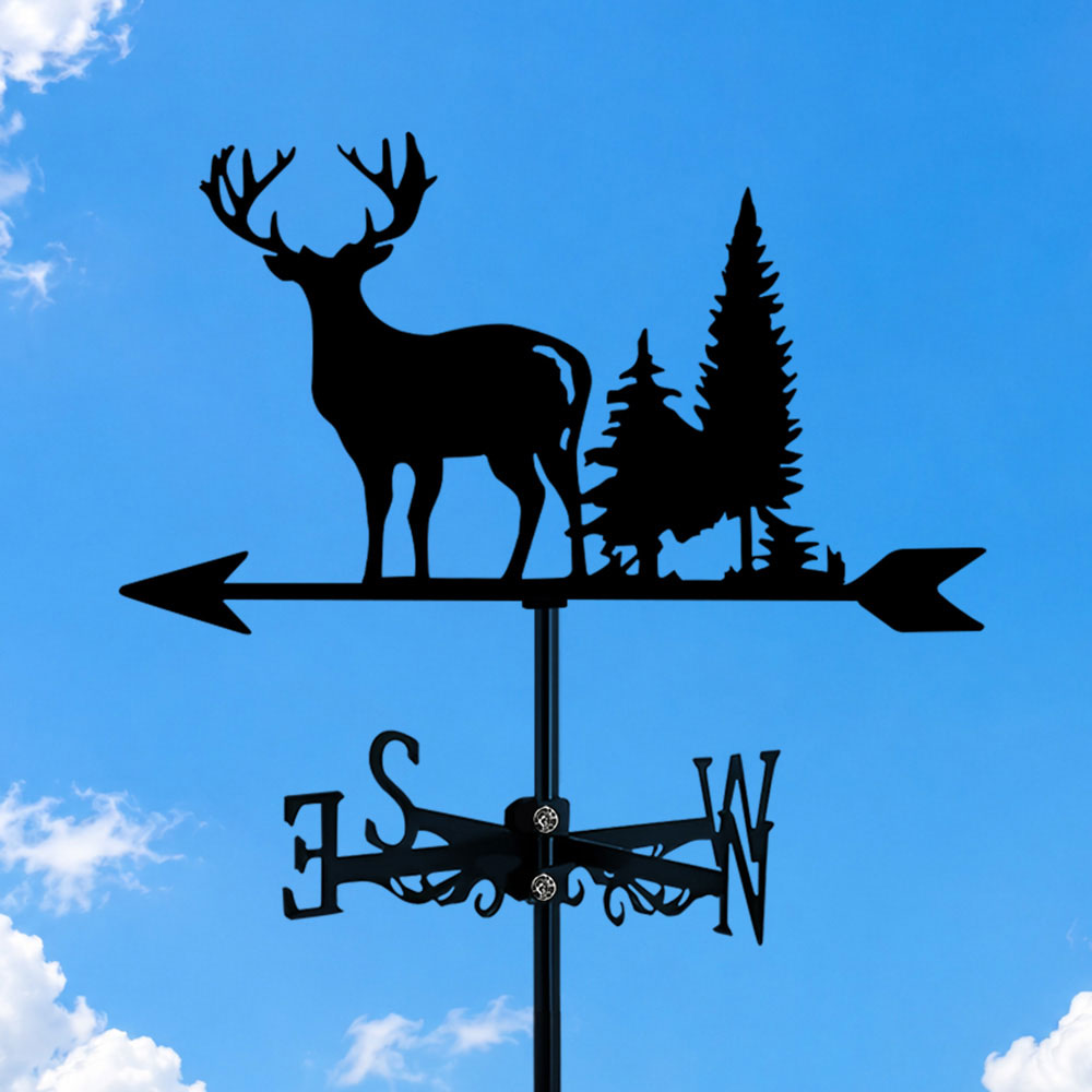 Deer metal weather vane with directional arrows and mounting rod, outdoor roof and garden decoration
