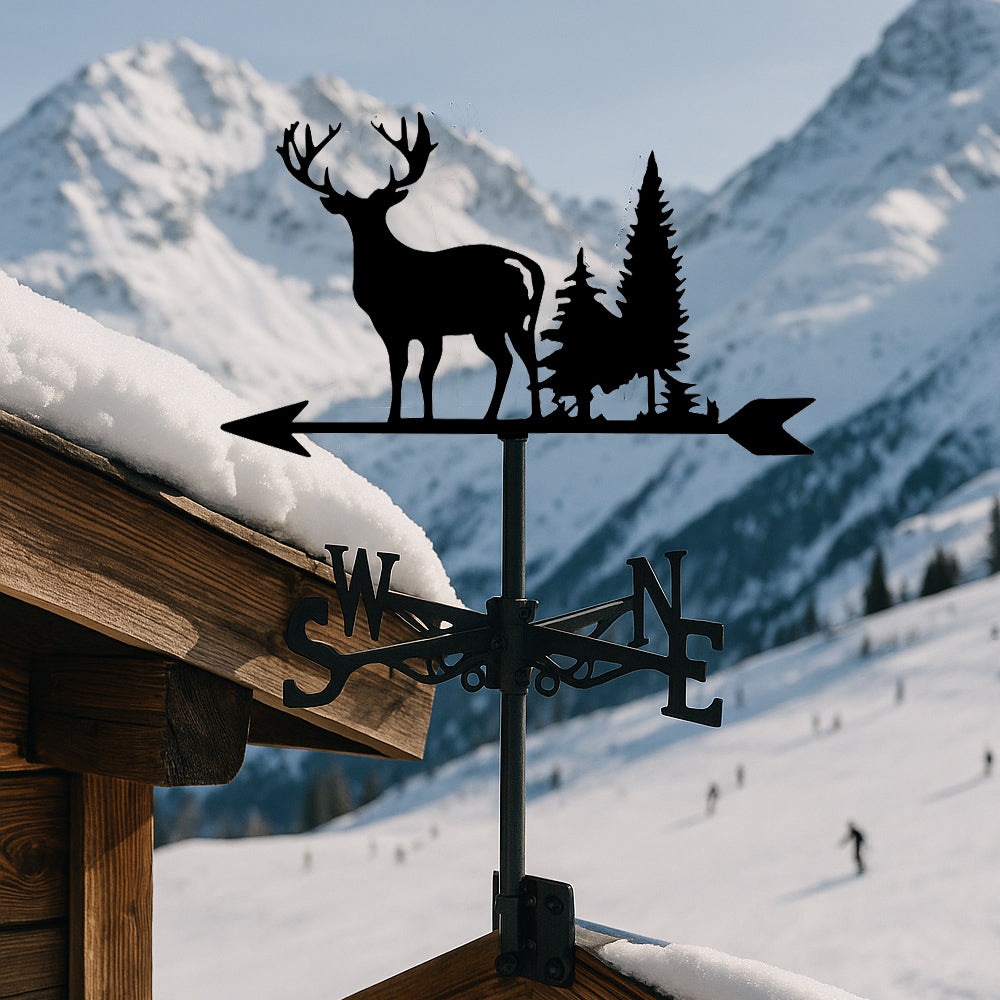 Deer metal weather vane with directional arrows and mounting rod, outdoor roof and garden decoration
