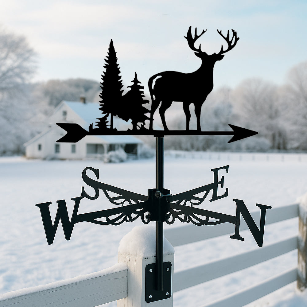 Deer metal weather vane with directional arrows and mounting rod, outdoor roof and garden decoration