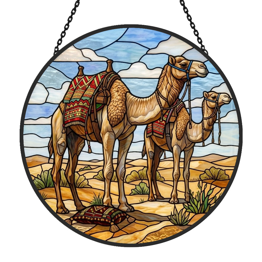 Desert camels stained glass suncatcher window hanging, suitable for home and garden decoration