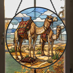 Desert camels stained glass suncatcher window hanging, suitable for home and garden decoration
