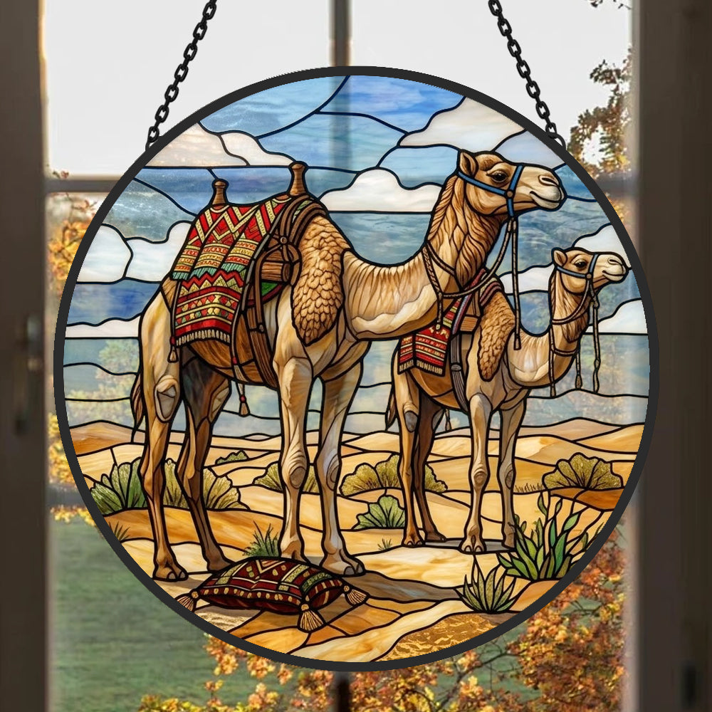 Desert camels stained glass suncatcher window hanging, suitable for home and garden decoration