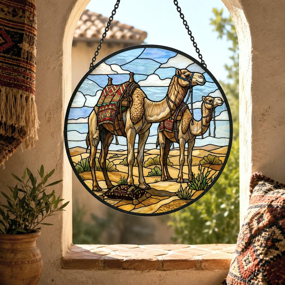 Desert camels stained glass suncatcher window hanging, suitable for home and garden decoration