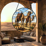 Desert camels stained glass suncatcher window hanging, suitable for home and garden decoration