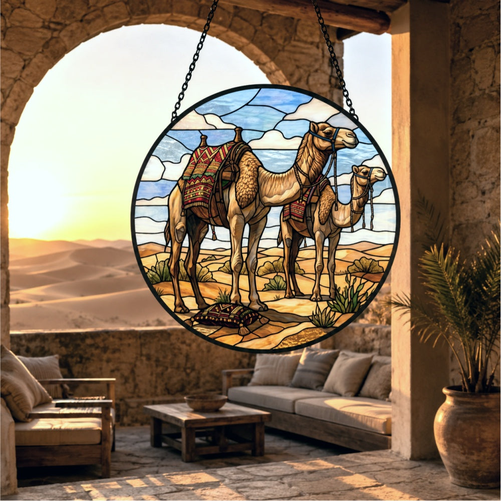 Desert camels stained glass suncatcher window hanging, suitable for home and garden decoration