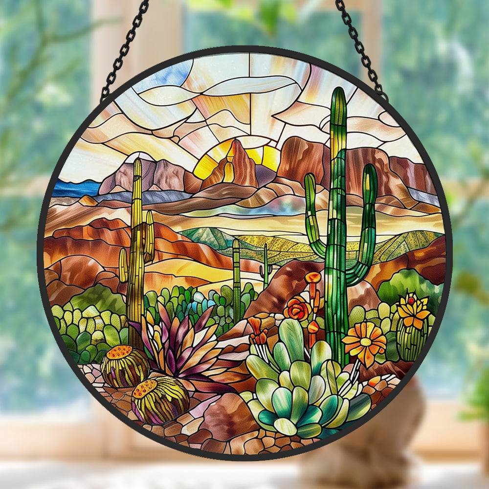 Desert sunset saguaro cactus stained glass suncatcher window hanging, suitable for home and garden decoration