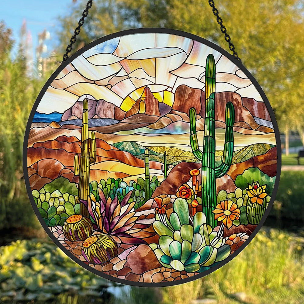 Desert sunset saguaro cactus stained glass suncatcher window hanging, suitable for home and garden decoration