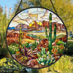 Desert sunset saguaro cactus stained glass suncatcher window hanging, suitable for home and garden decoration