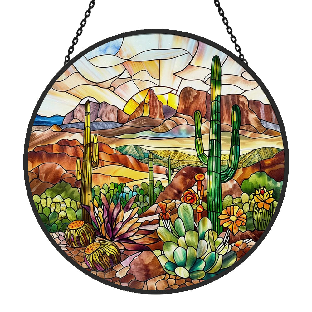Desert sunset saguaro cactus stained glass suncatcher window hanging, suitable for home and garden decoration