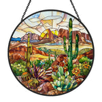 Desert sunset saguaro cactus stained glass suncatcher window hanging, suitable for home and garden decoration