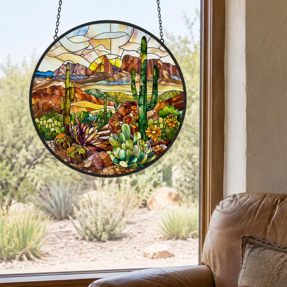 Desert sunset saguaro cactus stained glass suncatcher window hanging, suitable for home and garden decoration