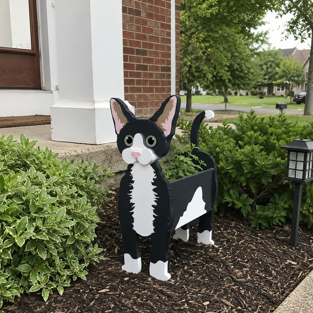 Devon Rex cat planter filled with fresh flowers is placed in the garden