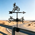 Dirt bike jumping metal weather vane with directional arrows and mounting rod, outdoor roof and garden decoration