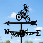Dirt bike jumping metal weather vane with directional arrows and mounting rod, outdoor roof and garden decoration