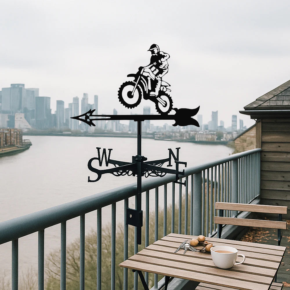 Dirt bike jumping metal weather vane with directional arrows and mounting rod, outdoor roof and garden decoration