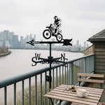 Dirt bike jumping metal weather vane with directional arrows and mounting rod, outdoor roof and garden decoration