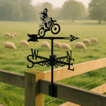 Dirt bike jumping metal weather vane with directional arrows and mounting rod, outdoor roof and garden decoration