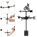 Dirt bike jumping metal weather vane with directional arrows and mounting rod, outdoor roof and garden decoration