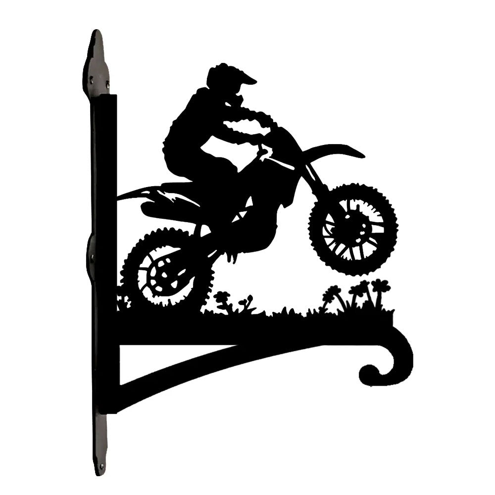 Dirt bike motocross rider jumping metal hanging basket bracket mounted on outdoor wall for plant decoration