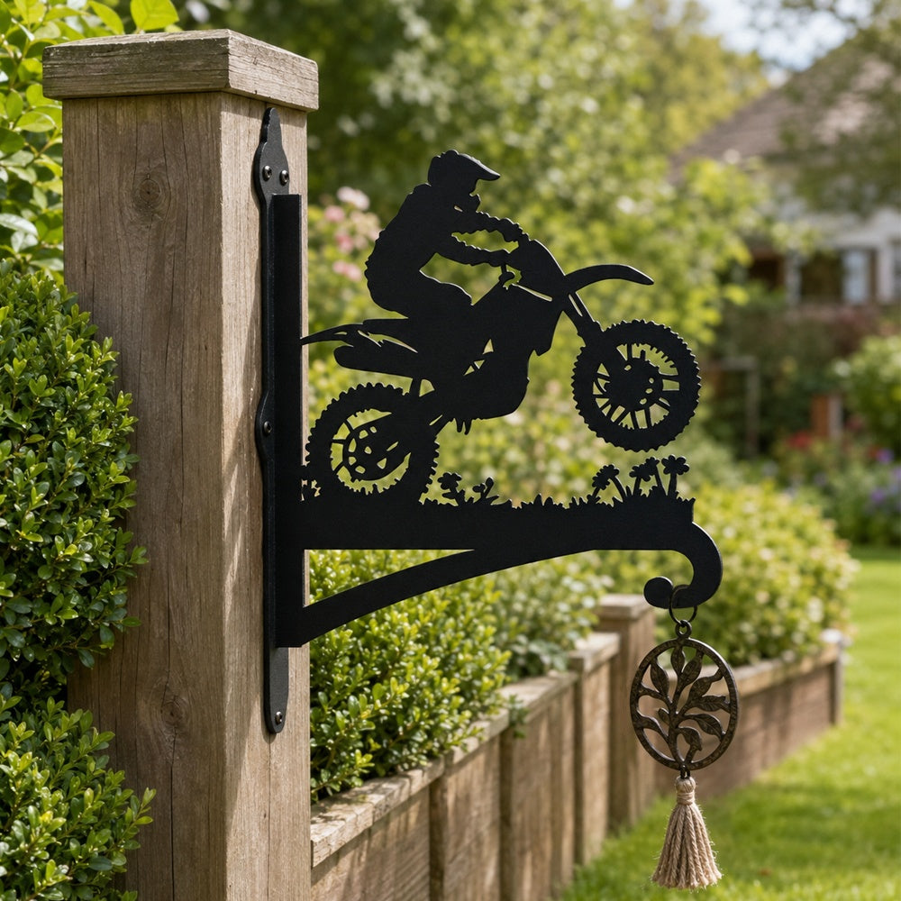 Dirt bike motocross rider jumping metal hanging basket bracket mounted on outdoor wall for plant decoration