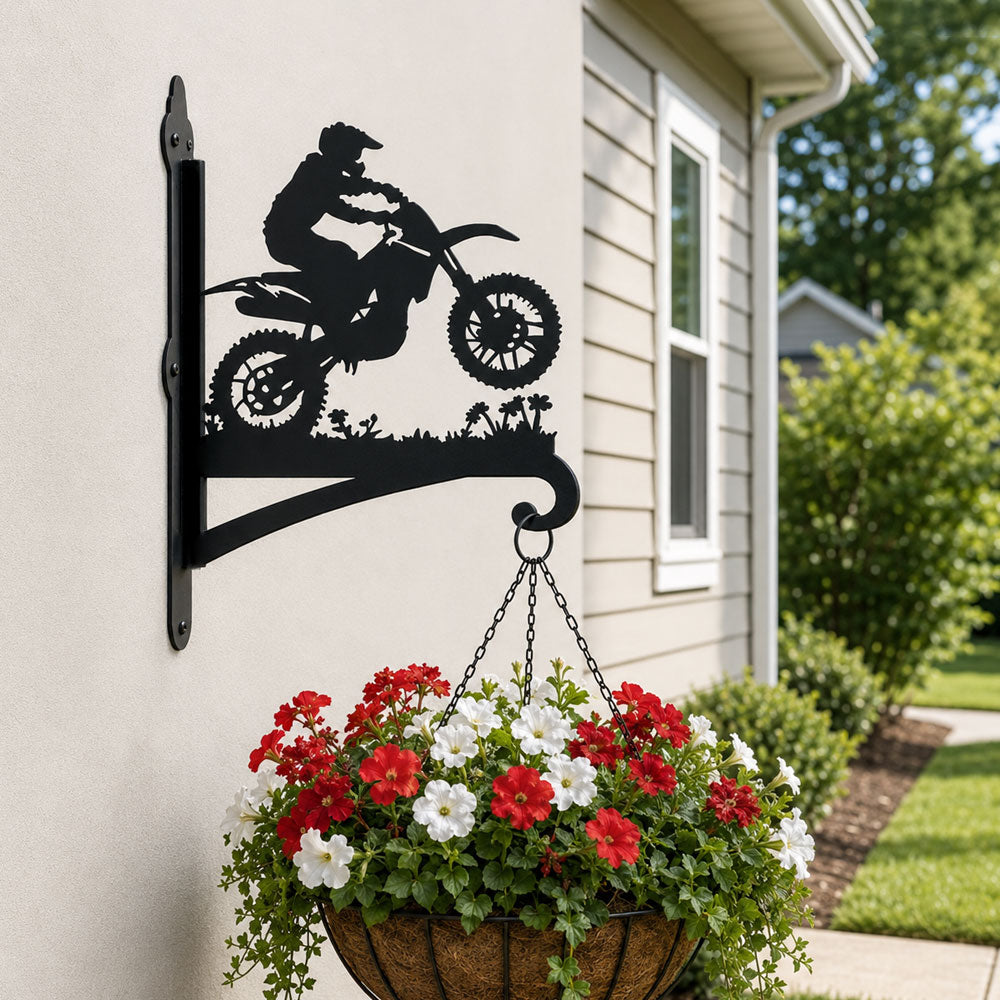 Dirt bike motocross rider jumping metal hanging basket bracket mounted on outdoor wall for plant decoration