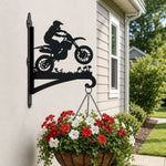 Dirt bike motocross rider jumping metal hanging basket bracket mounted on outdoor wall for plant decoration