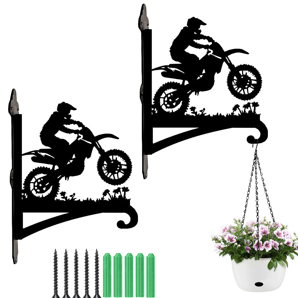 Dirt bike motocross rider jumping metal hanging basket bracket mounted on outdoor wall for plant decoration