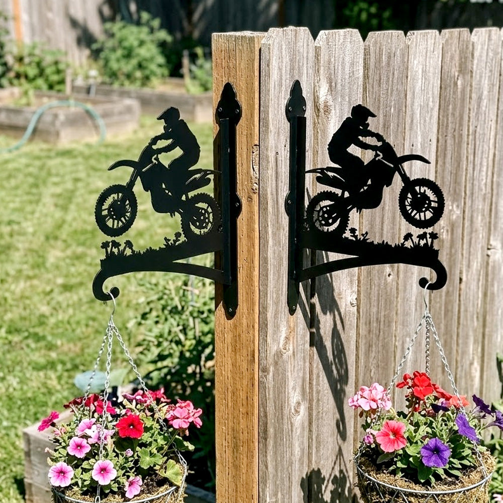 Dirt bike motocross rider jumping metal hanging basket bracket mounted on outdoor wall for plant decoration