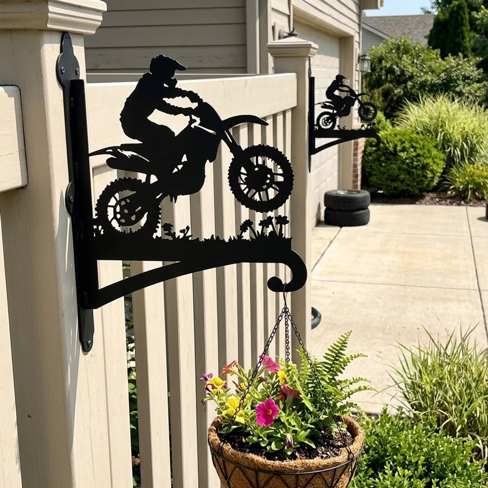 Dirt bike motocross rider jumping metal hanging basket bracket mounted on outdoor wall for plant decoration