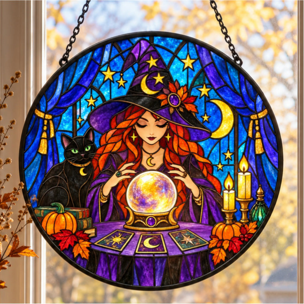 Divination Witch Halloween stained glass suncatcher window hanging, suitable for home and garden decoration