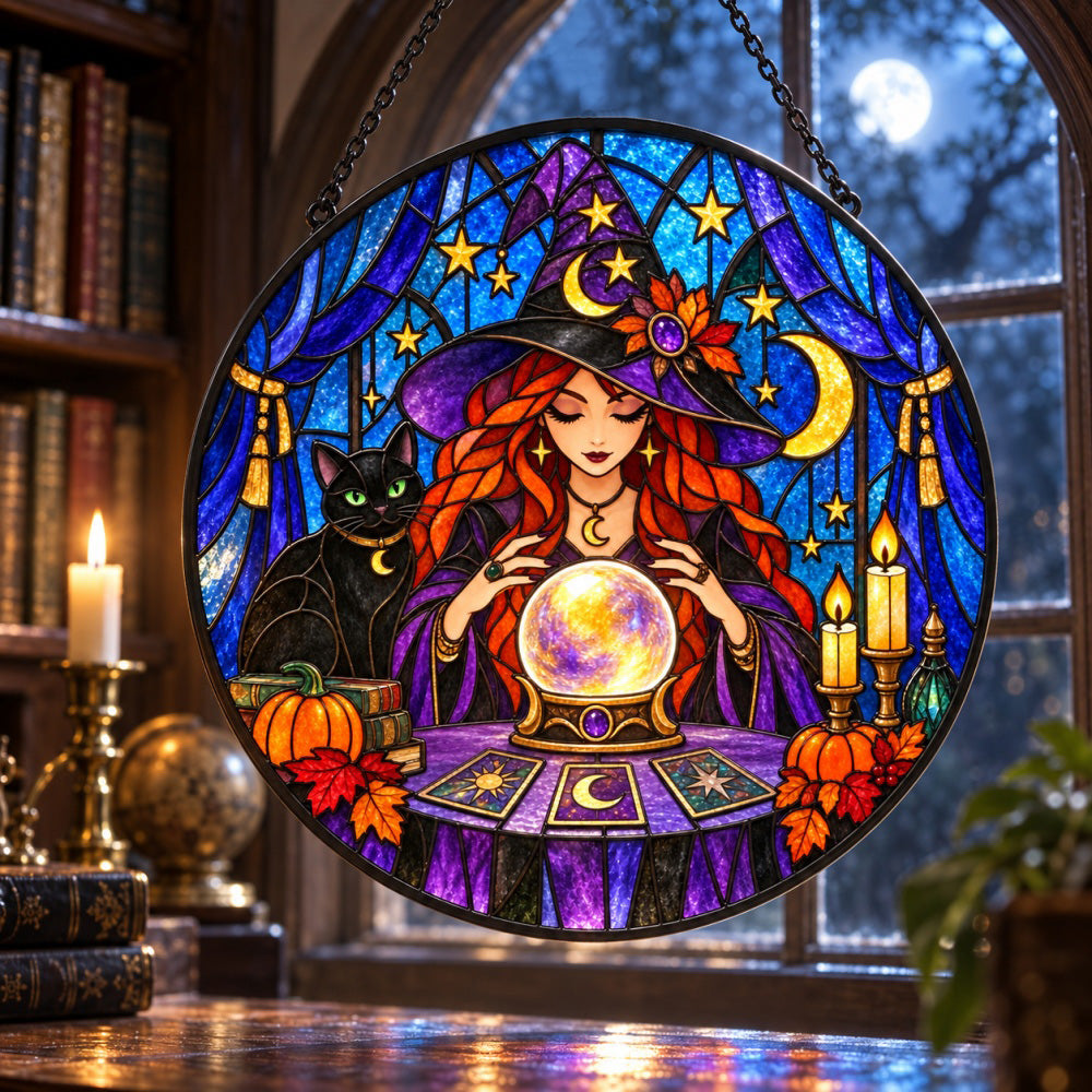 Divination Witch Halloween stained glass suncatcher window hanging, suitable for home and garden decoration