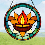 Diwali diya sacred flame stained glass suncatcher window hanging, suitable for home and garden decoration