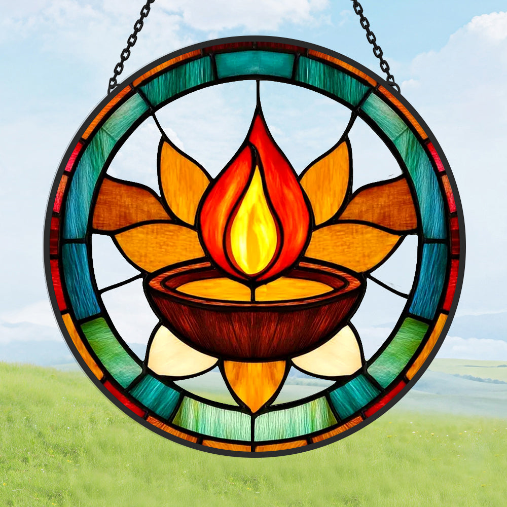 Diwali diya sacred flame stained glass suncatcher window hanging, suitable for home and garden decoration