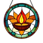 Diwali diya sacred flame stained glass suncatcher window hanging, suitable for home and garden decoration