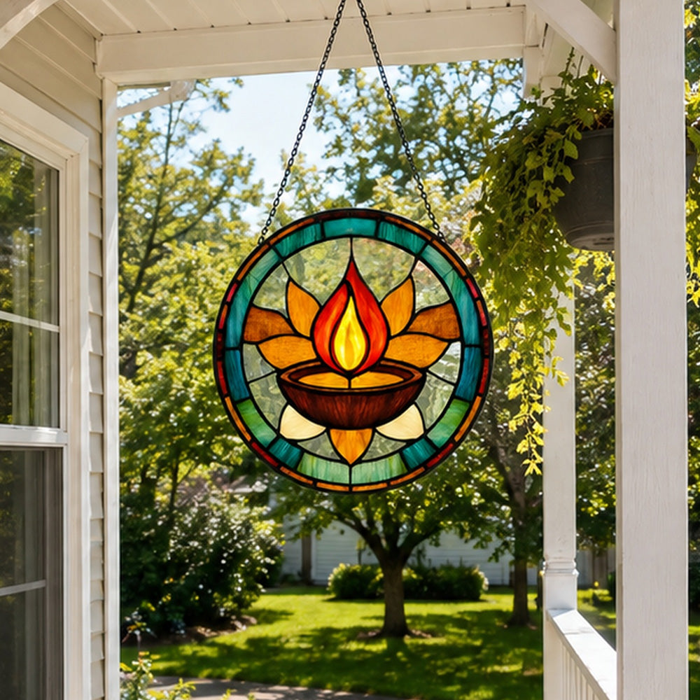 Diwali diya sacred flame stained glass suncatcher window hanging, suitable for home and garden decoration