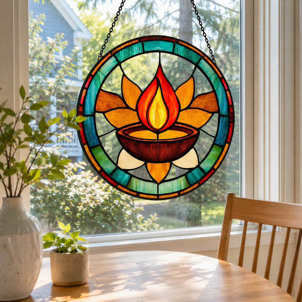 Diwali diya sacred flame stained glass suncatcher window hanging, suitable for home and garden decoration