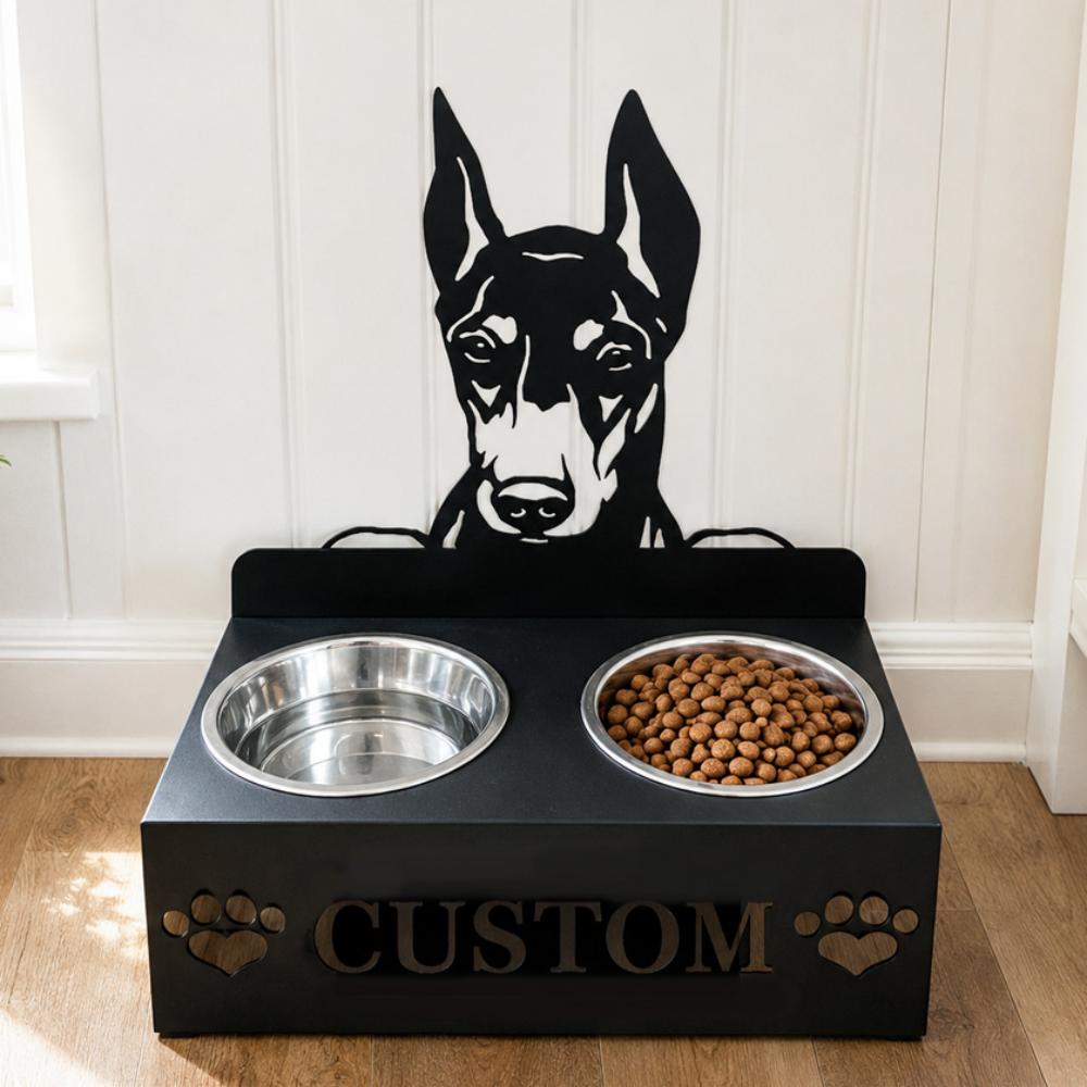 Personalized doberman metal dog bowl stand with custom name cutout and two removable feeding bowls