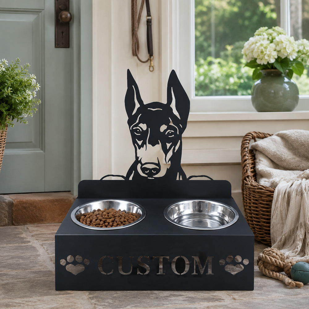 Personalized doberman metal dog bowl stand with custom name cutout and two removable feeding bowls
